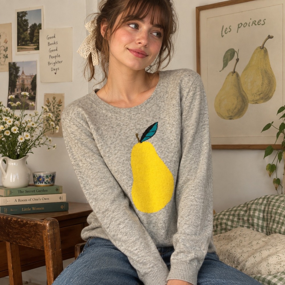 J Crew Womens Merino Wool Pear Sweater XL Gray Fruit Novelty Artsy Twee Preppy